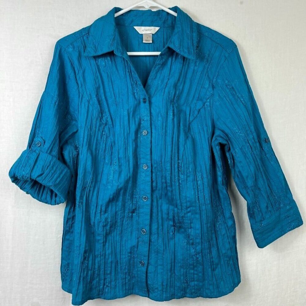 CJ Banks Roll Tab Sleeve Blouse Womens 14 Embroidered Office Mature Teal Crinkle